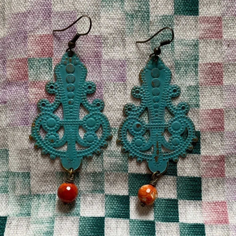 Vintage Dangle Earrings in teal blue and orange!